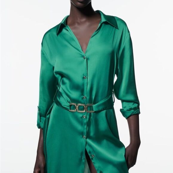 Zara Belted Satin Effect‎ Shirt Dress Green S NWT - Picture 2 of 12
